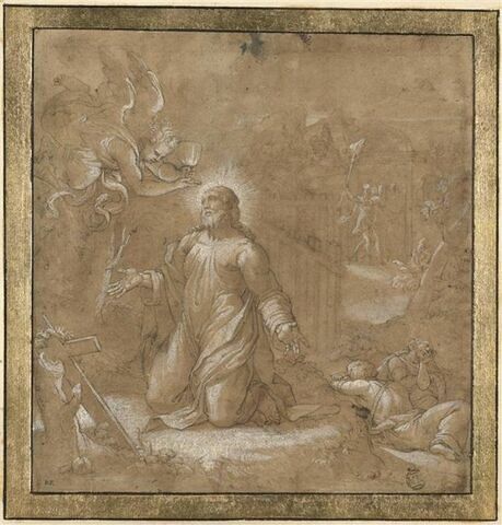 Un ange présentant le calice à Jésus agenouillé dans le Jardin des Oliviers