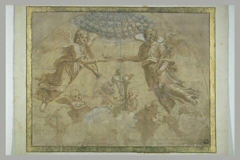 Deux anges tenant des palmes présentent une couronne, entourés d'angelots, image 1/1