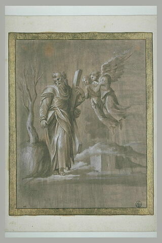 Saint André, portant un livre et sa croix, accompagné de deux anges