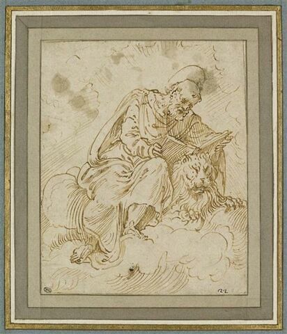 Saint Marc assis sur des nuages, appuyé sur un lion