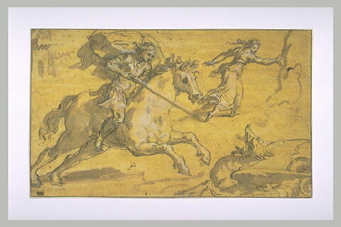 Saint Georges à cheval, armé d'une lance, combattant le monstre