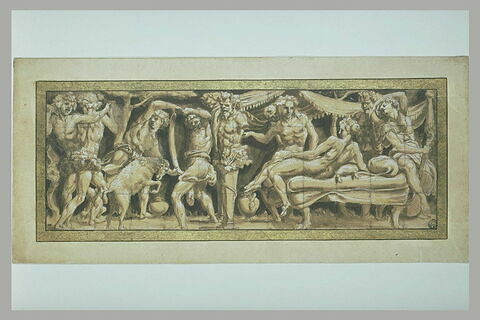 Bacchus et Ariane assis sur un lit, près du terme de Priape
