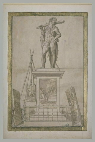 Statue d'Hercule, couronné de lauriers, posée sur un piédestal