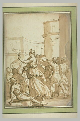 Femme (Sibylle?) entourée de soldats, un homme nu assis, au premier plan