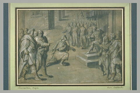Homme agenouillé devant un roi trônant, entouré de sa cour, image 1/1