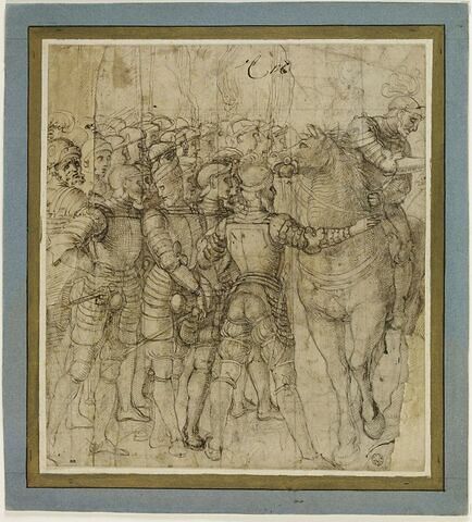 Groupe de soldats debout entourant un cavalier