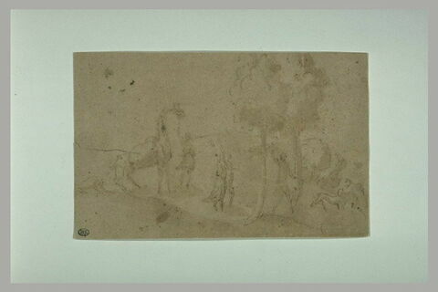 Plusieurs figures, près de deux arbres, dont une conduit un chameau, image 1/1