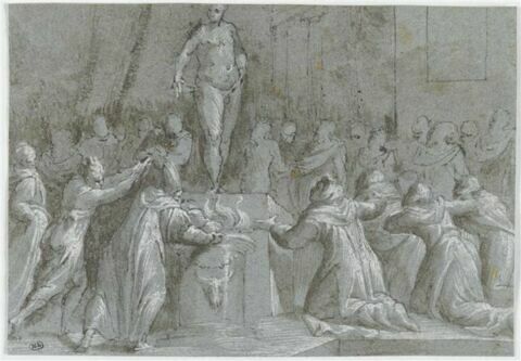 Scène de sacrifice : foule nombreuse autour d'une figure nue sur un autel, image 1/2