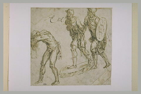 Guerrier conduisant un prisonnier, et un homme se dévêtant : copie d'après la colonne Trajane, image 2/2