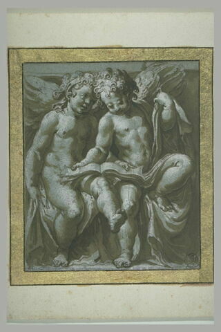 Deux anges assis sur des draperies lisant un livre