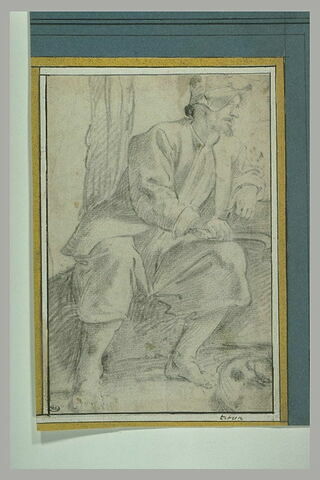 Etude d'un paysan assis tenant une serpe de la main droite, image 1/1