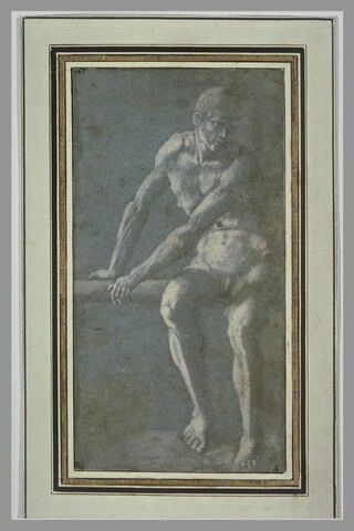 Homme nu, vu de face, assis, la tête tournée vers la droite