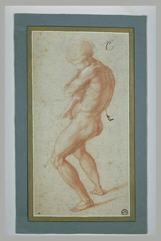Homme nu, debout, de profil vers la gauche, les jambes légèrement pliées, image 1/1