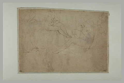 Guerrier ; femme nue, assise ; figure s'appuyant sur un baton ; homme drapé, image 2/2