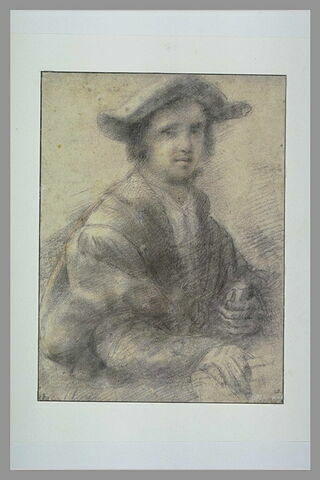 Portrait d'homme, vu en buste, la tête couverte d'une toque