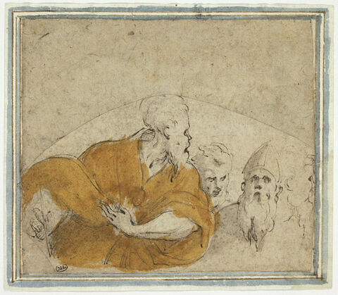 Quatre figures masculines dont une vue  coiffée d'une mitre (un saint évêque?)