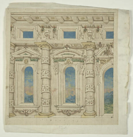 Façade d'un palais, avec des fenêtres ouvrant sur un vaste paysage