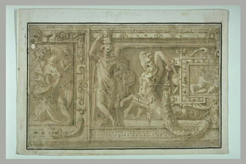 Panneau décoratif avec une cariatide, un triton et deux scènes, image 1/1