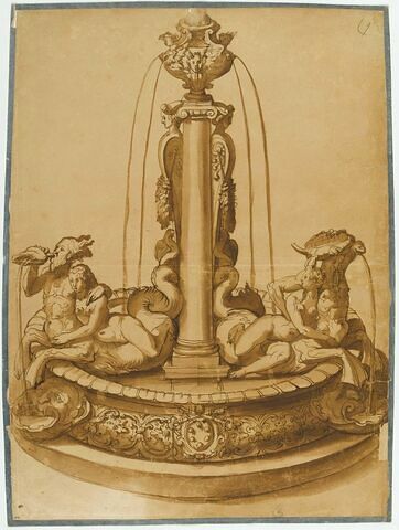 Etude de fontaine : colonne, vase, de chaque côté dieu marin et déesse