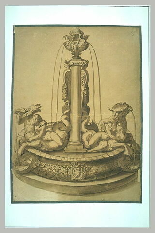 Etude de fontaine : colonne, vase, de chaque côté dieu marin et déesse, image 2/2