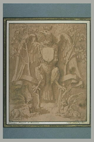 Aigle entre deux arbres portant les armoiries d'un cardinal, et des griffons, image 2/2