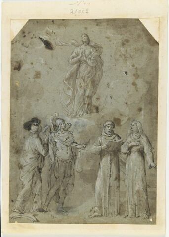 Trois saints et une sainte adorant la Vierge debout sur un croissant