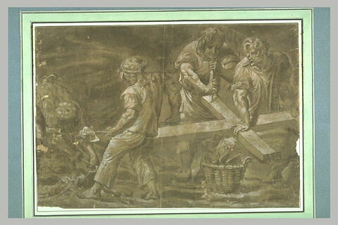Quatre ouvriers plantant la Croix destinée au supplice de Jésus-Christ, image 1/1