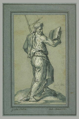 Saint Paul, de dos, debout sur un rocher, tenant un livre, se retournant vers la droite