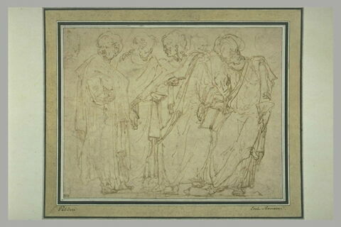 Groupe de six apôtres discutant, debout