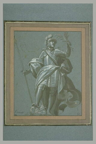 Un guerrier, tenant palmes et lance, foule aux pieds une couronne