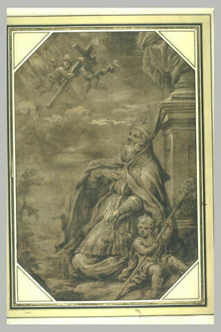 Un évêque assis, et deux anges dans le ciel tenant la Croix