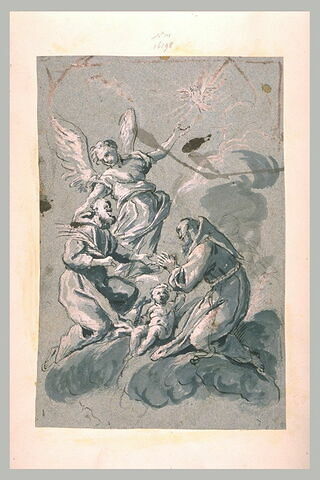 Enfant Jésus adoré part un saint et un martyr, ange, colombe du saint-esprit, image 1/1