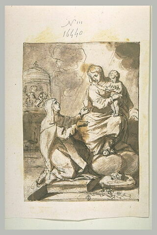 Sainte Catherine d'Alexandrie agenouillée devant la Vierge à l'Enfant