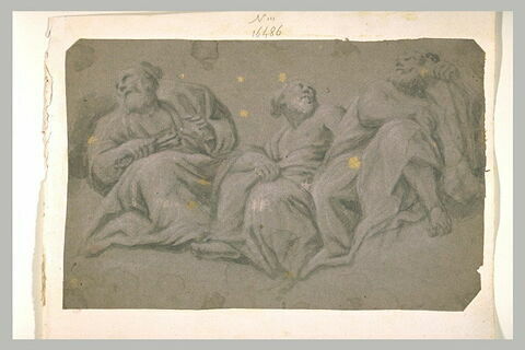 Saint Pierre et deux autres apôtres assis sur des nuages