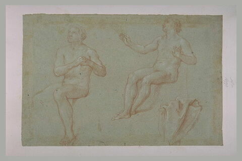 Deux hommes nus, assis, tournés vers la gauche, et étude de draperie, image 1/1