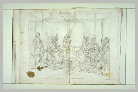 Des prêtres présentant un tableau à un prélat, assis sur un trône, image 1/1