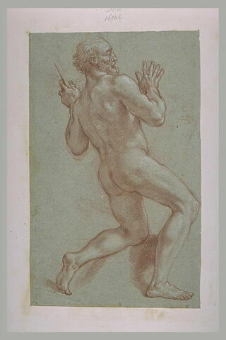 Vieillard nu, un genou sur un degré, appuyé contre une paroi, image 1/1