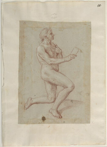 Homme nu, à genoux, la main gauche sur la poitrine, tourné vers la droite, image 1/2