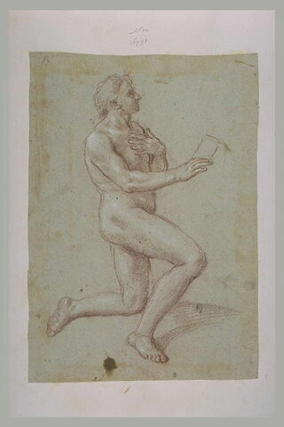 Homme nu, à genoux, la main gauche sur la poitrine, tourné vers la droite, image 2/2
