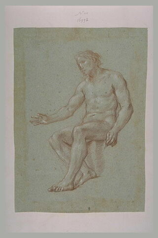 Homme nu, assis, étendant le bras droit, tourné vers la gauche, image 2/2
