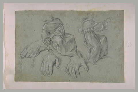 Main tenant un chapelet, deux autres mains, et deux moines assis, image 1/1