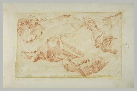 Tête de moine, étude de draperie sur une jambe, deux bras et une main, image 1/1