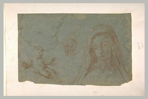 Enfant nu, assis, deux mains, et une tête de femme : études pour une Vierge à l'Enfant, image 1/1