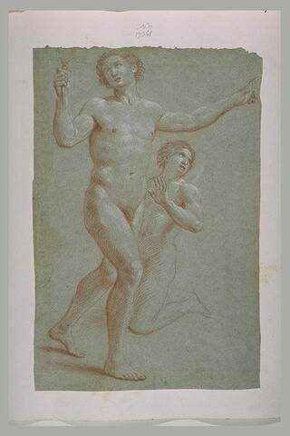 Un homme nu, debout, tenant un objet et un autre à genoux, image 1/1