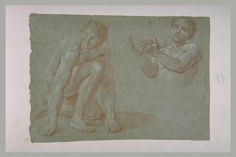 Un homme nu accroupi, les mains au sol, et une demi-figure d'homme nu, image 1/1