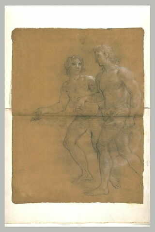 Deux hommes nus, se donnant la main, marchant vers la gauche, image 1/1