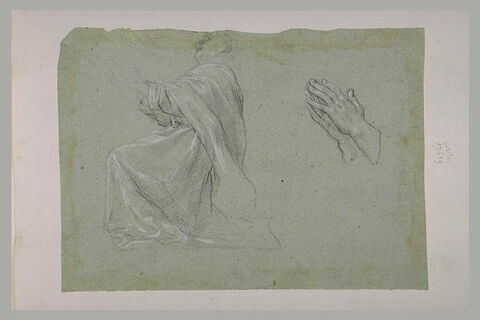 Etudes d'une figure drapée agenouillée, vue de profil, et de ses mains, image 1/1