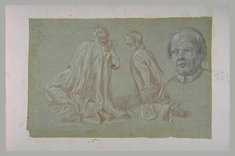Une tête d'homme et deux religieux à genoux dans l'attitude de la stupeur, image 1/1