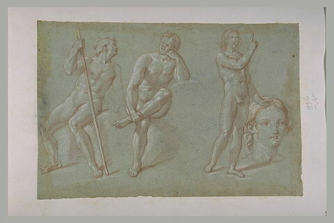Deux hommes nus assis, un jeune homme nu debout et une tête, image 1/1
