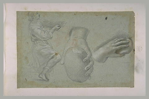 Un jeune homme tenant une corbeille et deux mains tenant un objet, image 1/1